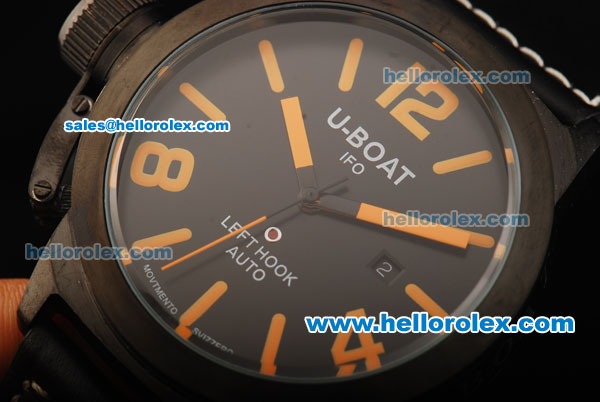 U-Boat Italo Fontana Left Hook Automatic Movement PVD Case with Black Dial and Orange Markers - Black Leather Strap - Click Image to Close